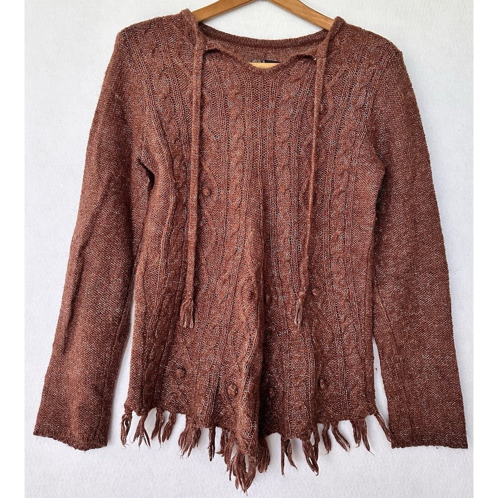 prAna Sweater Wool Blend Boho Fringe Women Small Burgundy Excellent